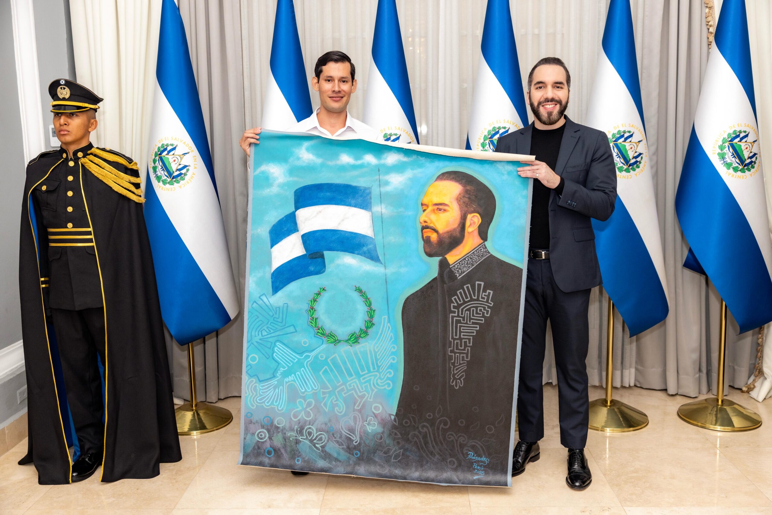Guillermo Checa entrega a Nayib Bukele una obra del artista Praxedes Neira. Imagen cortesía de Casa Presidencial de El Salvador.