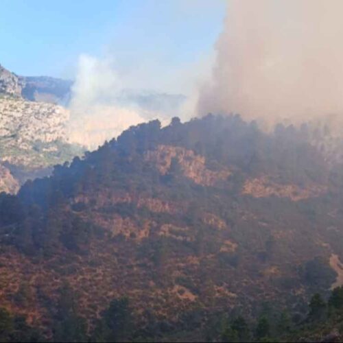 Bomberos trabajan en la extinción del incendio forestal en Paüls, Cataluña, que ha quemado más de 2.800 hectáreas y obligado a la evacuación de más de 50 personas. Foto: govern.cat