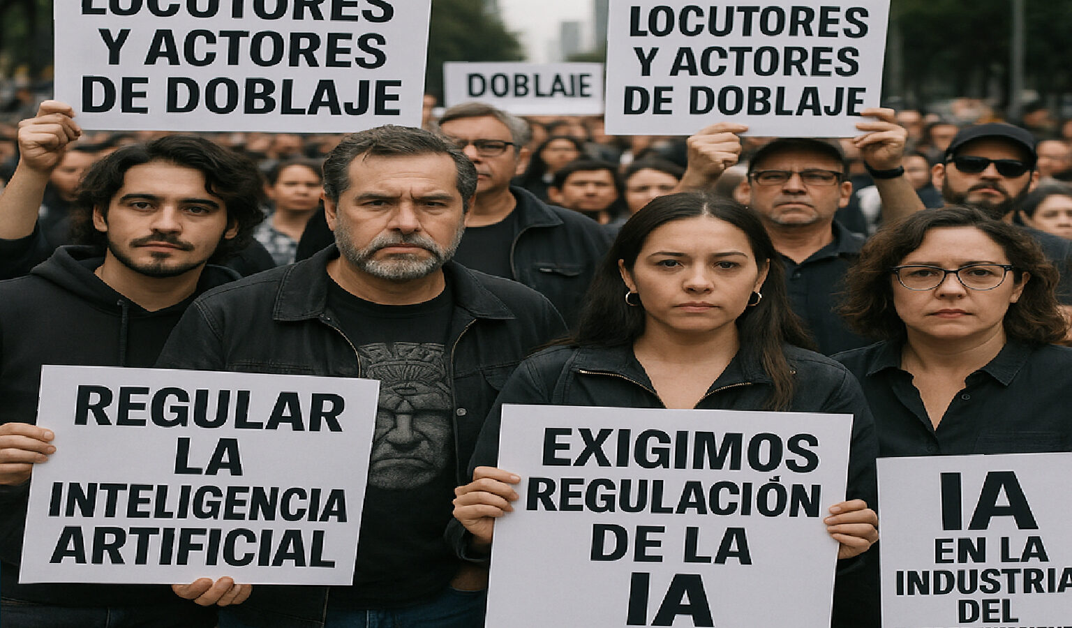 Locutores y actores de doblaje protestando en la Ciudad de México para exigir regulación en el uso de la IA en su industria. Foto: Cortesía.