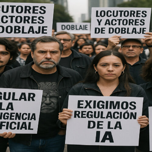 Locutores y actores de doblaje protestando en la Ciudad de México para exigir regulación en el uso de la IA en su industria. Foto: Cortesía.