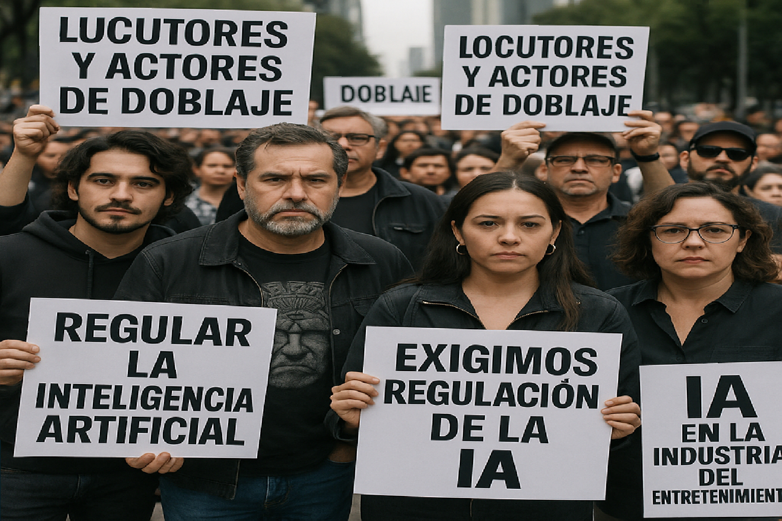 Locutores y actores de doblaje protestando en la Ciudad de México para exigir regulación en el uso de la IA en su industria. Foto: Cortesía.