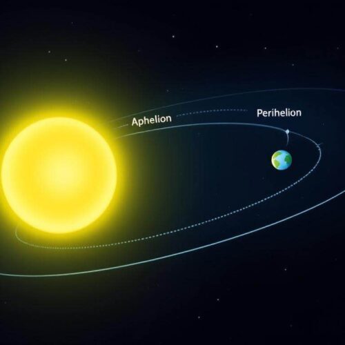 Ilustración de la órbita elíptica de la Tierra alrededor del Sol, mostrando los puntos de afelio y perihelio.