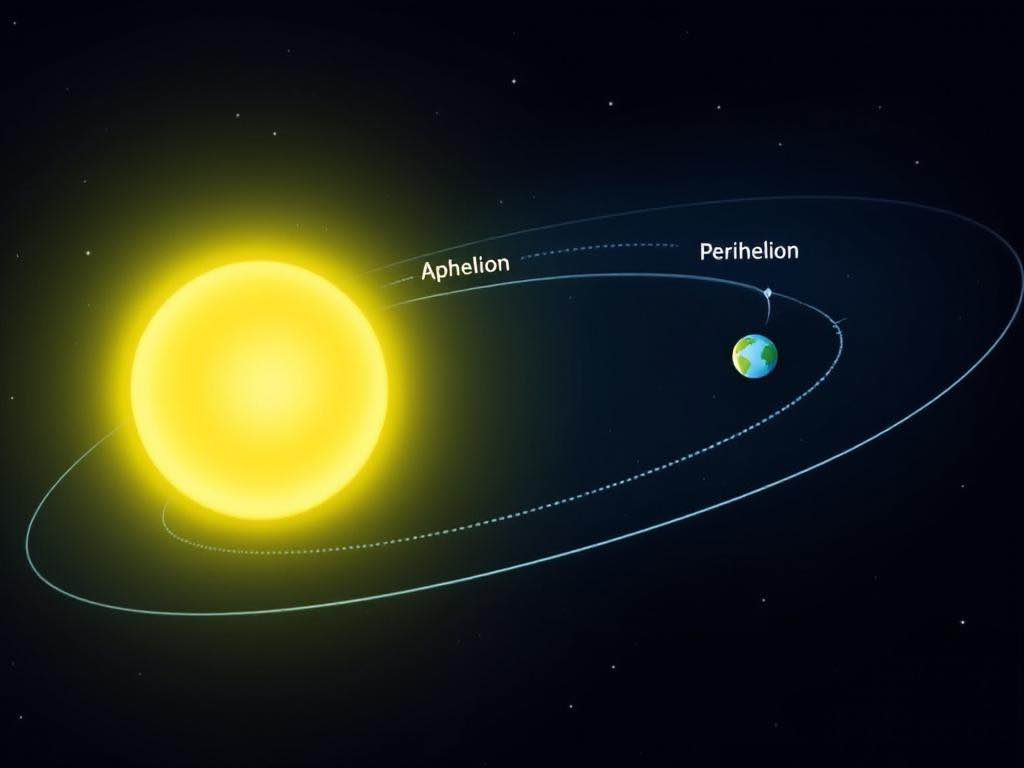 Ilustración de la órbita elíptica de la Tierra alrededor del Sol, mostrando los puntos de afelio y perihelio.