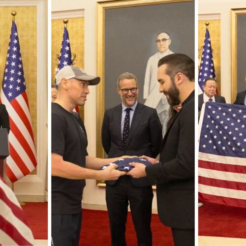 Bukele recibe a estadounidenses liberados en canje de prisioneros. Foto: Presidencia de El Salvador