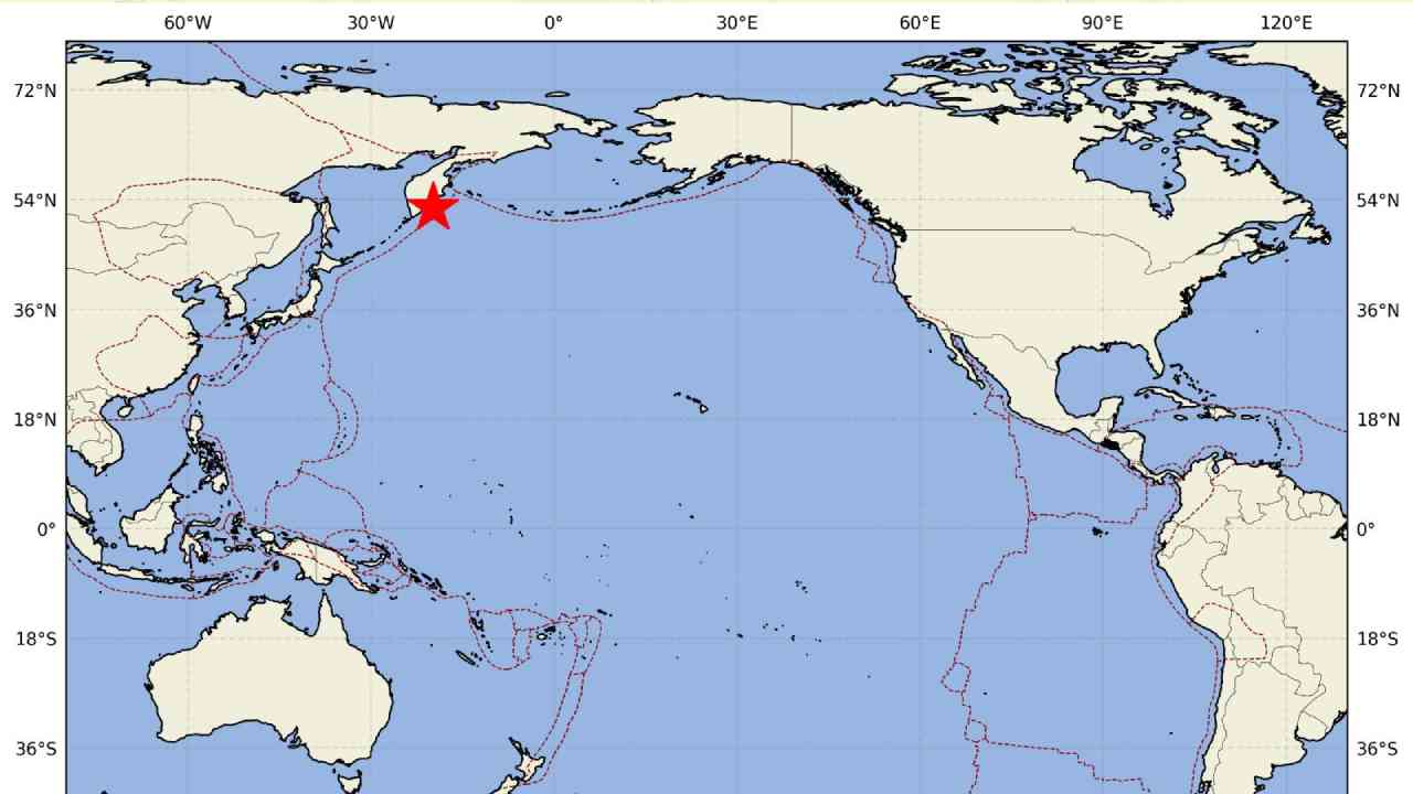 Mapa de Kamchatka, Rusia, epicentro del sismo de magnitud 8.7 que generó la alerta de tsunami para el Pacífico, incluyendo El Salvador. Foto: MARN
