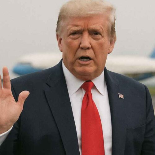 El presidente Donald Trump durante su llegada a Escocia, donde abordó el tema de la inmigración. Ilustración con IA