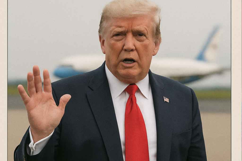 El presidente Donald Trump durante su llegada a Escocia, donde abordó el tema de la inmigración. Ilustración con IA