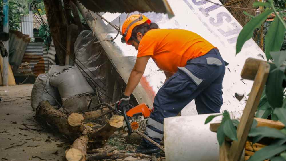 Equipo Táctico Operativo realiza la remoción de un árbol caído sobre una vivienda en la calle Los Llanitos, pasaje Montero, colonia San Pedro, distrito de Ayutuxtepeque, San Salvador Centro. Foto: Procivil.