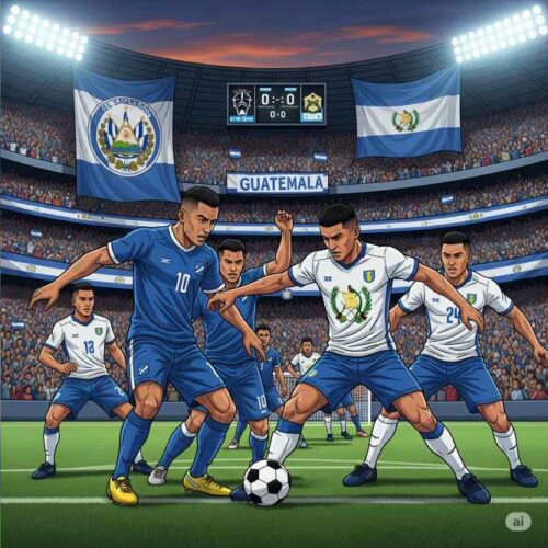 DUELO. Las selecciones de Guatemala y El Salvador se preparan para el inicio de la Tercera Ronda de las Eliminatorias del Mundial 2026. Ilustración creada con IA