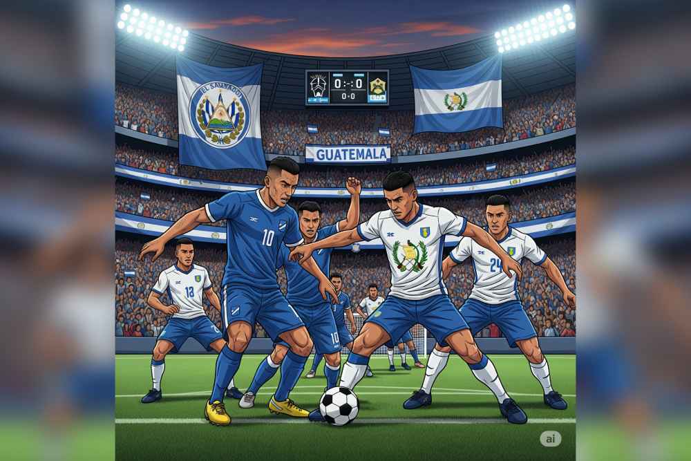 DUELO. Las selecciones de Guatemala y El Salvador se preparan para el inicio de la Tercera Ronda de las Eliminatorias del Mundial 2026. Ilustración creada con IA