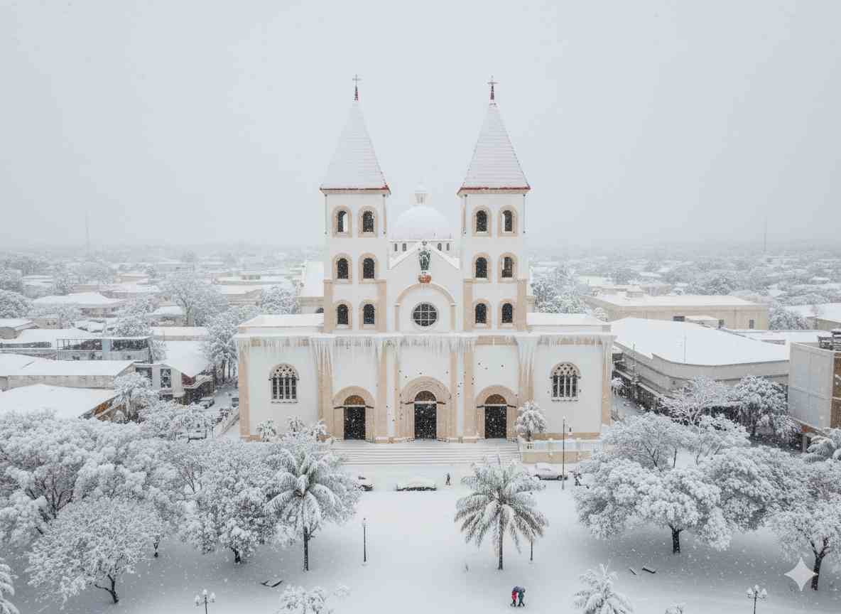 Bajo cero. Un paisaje surrealista. Así luciría la icónica Catedral de San Miguel, bañada por la nieve, un contraste gélido con su habitual calor tropical. ¡Increíble!