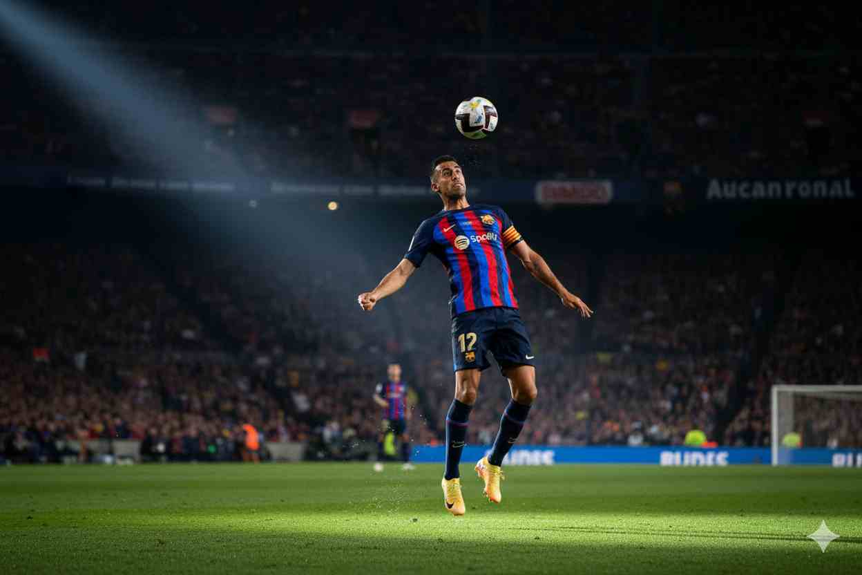 Busquets se despidió con gratitud tras casi 1,000 partidos y 32 títulos con el Barça y España. Ilustración IA.