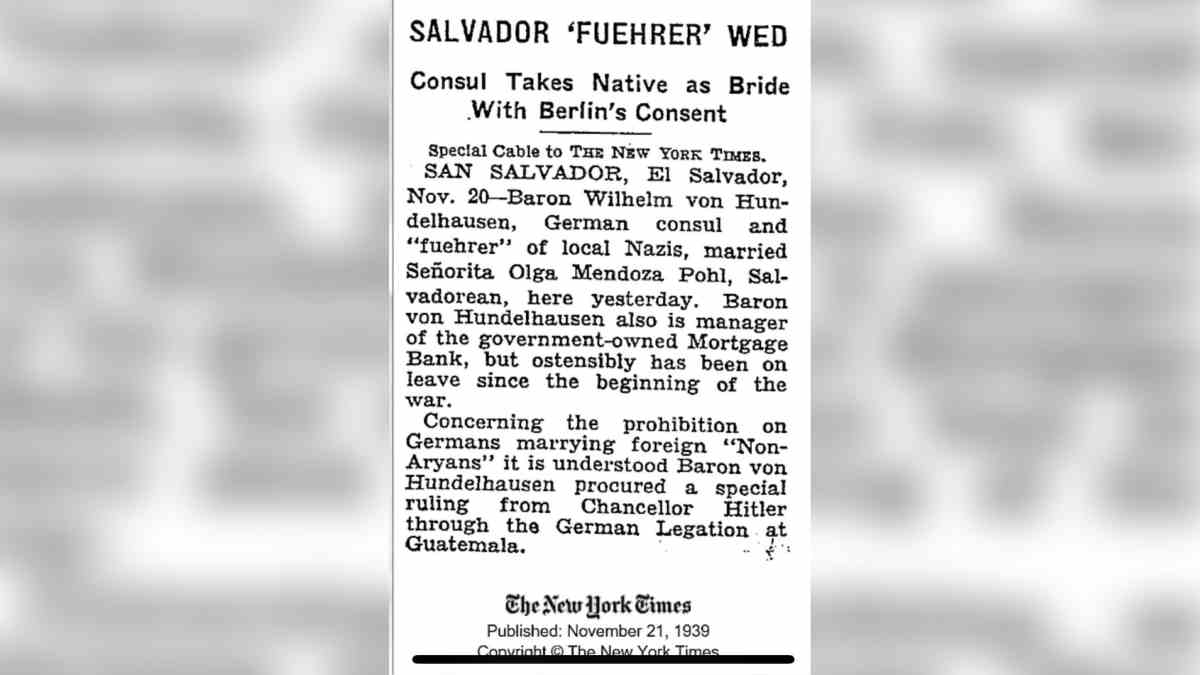 Wilhelm von Hundelhausen y su matrimonio con Olga Mendoza Pohl requirió permiso de Hitler, exponiendo cómo el Reich sacrificó su dogma racial por intereses económicos en Centroamérica. Foto: X