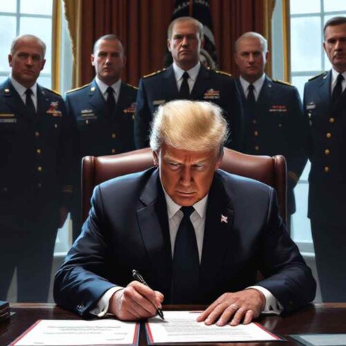 Trump firma el decreto que revive el Departamento de Guerra y autoriza el derribo de aviones venezolanos, en un acto que redefine la postura militar de EE. UU. Ilustración IA