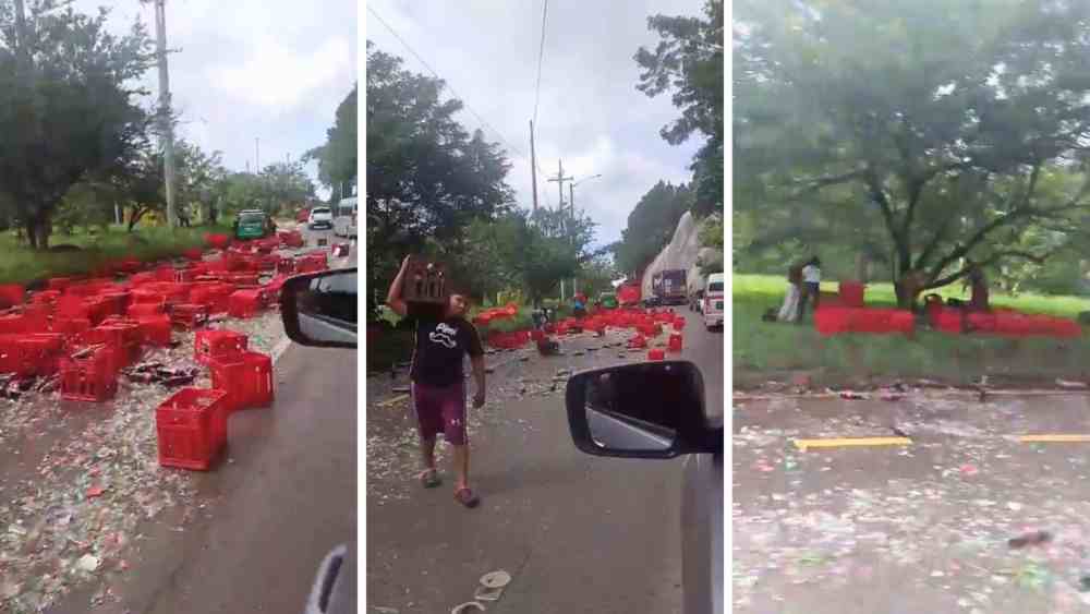 Particulares recogen botellas tras un derrame masivo en la autopista a Comalapa, El Salvador. Incidentes como este exponen riesgos en rutas de alto tráfico comercial. Captura de pantalla.