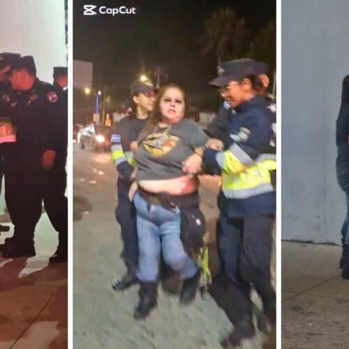 Mujer enbria agredió físicamente a un agente de la Policía Nacional Civil (PNC) en el exterior del estadio. Captura de pantalla.