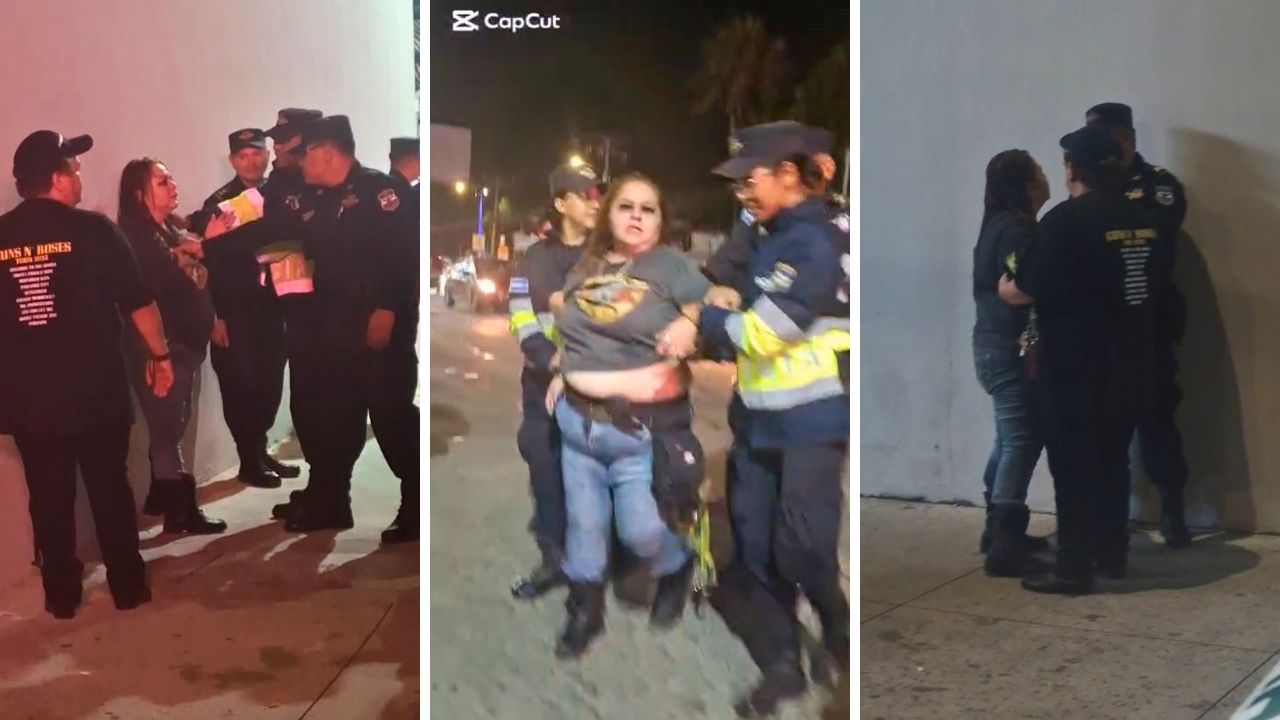 Mujer enbria agredió físicamente a un agente de la Policía Nacional Civil (PNC) en el exterior del estadio. Captura de pantalla.