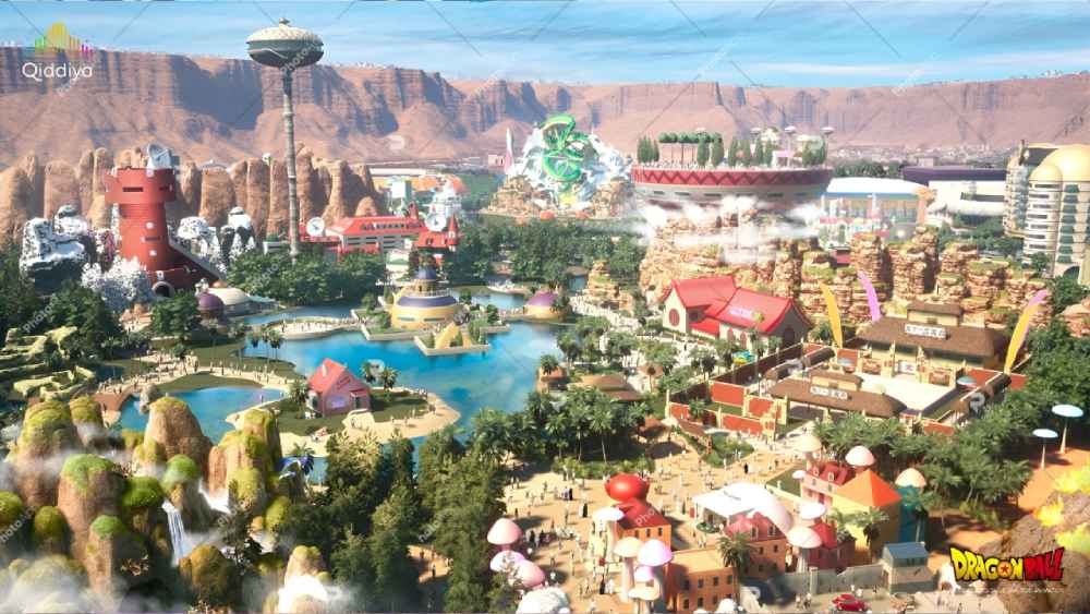 Arte conceptual del primer parque temático Dragon Ball del mundo que se construye en Riad, Arabia Saudita. Tendrá una montaña rusa de 70m con la figura de Shenron.