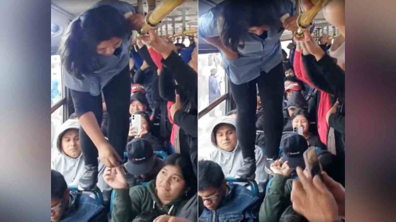 Una cobradora escala el techo de un bus en Perú, mostrando el hacinamiento y caos por el paro de transportistas. ¿Hasta cuándo la improvisación? Captura de pantalla